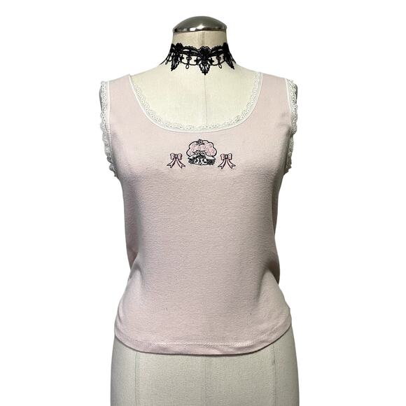 Cute Strawberry Shortcake Pink Lace Ribbed Tank Top Cottage Core Coquette Sz L - Picture 1 of 10